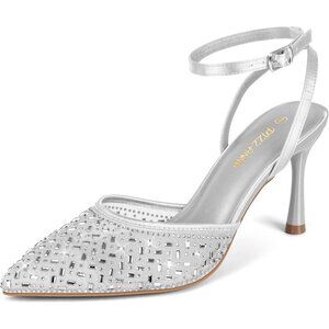 🆕Pizz Annu Women's Silver Closed Toe Mesh Sparkly Ankle Strap Cienna High Heels